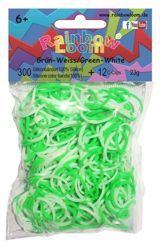 Rainbow Loom 20266 Original Silikonbänder 300 Bänder mit 12 Clips grün/weiß